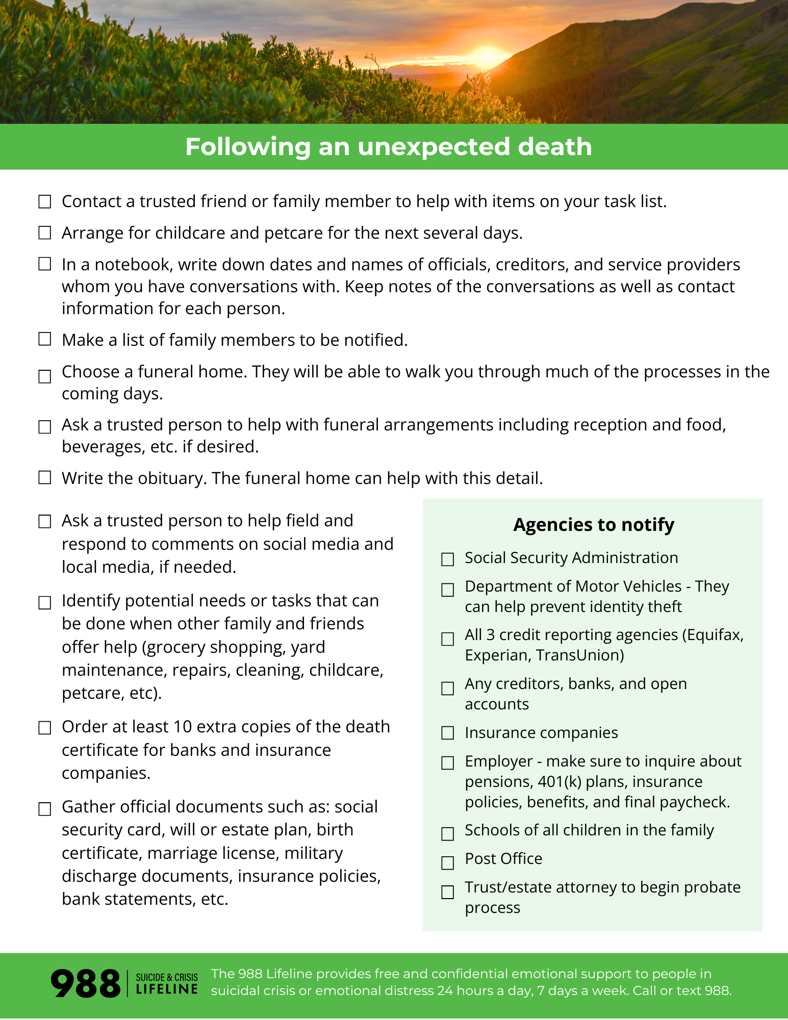 Checklist Following an Unexpected Death